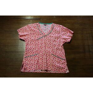 Dickies Women Short Sleeve Medical Scrub Size Medium Pink Floral Pattern Pockets
